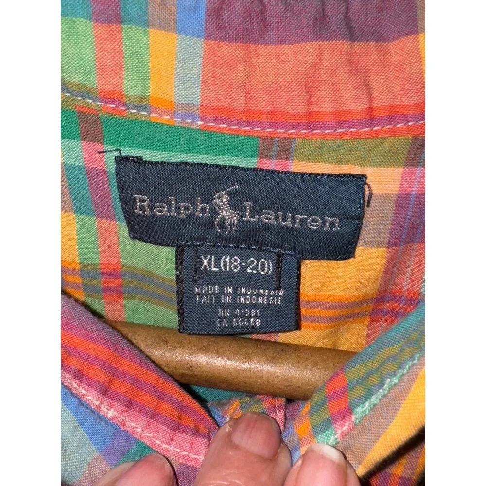 Ralph Lauren Multicolor Plaid Short-Sleeve Shirt XL (18-20) 100% Cotton Casual